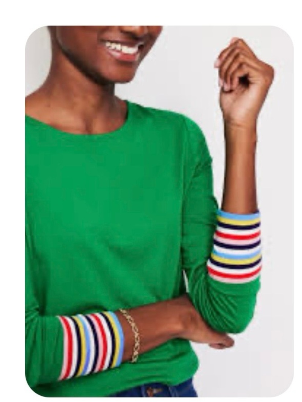 Boden Green Long-Sleeve Women's Top with Multicolor Stripe Cuffs